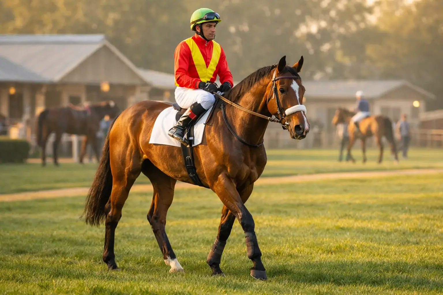 Pferd mit Jockey beim Aufwärmen vor dem Rennen