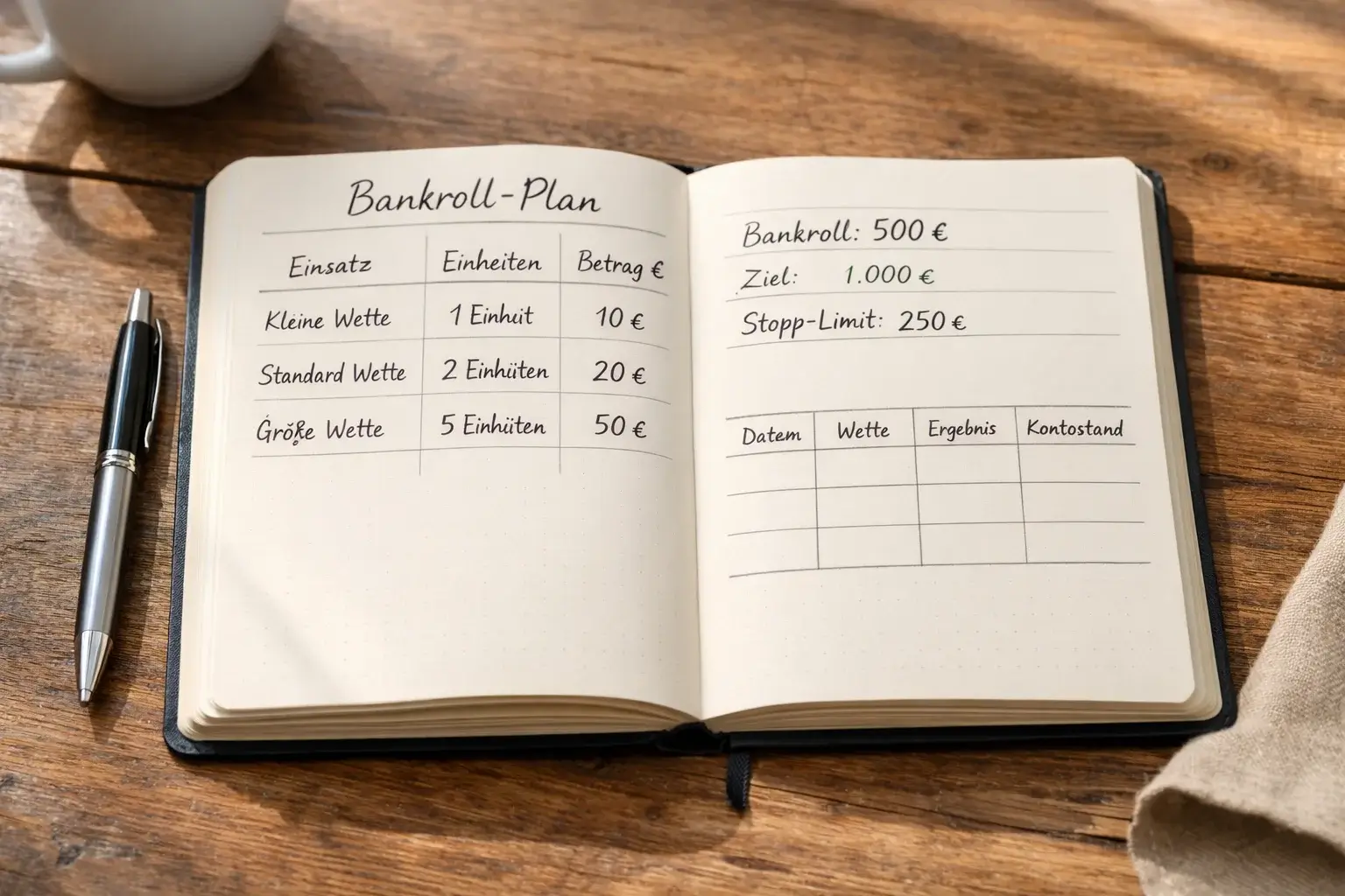 Notizbuch mit Wettbudget-Planung und Einheiten