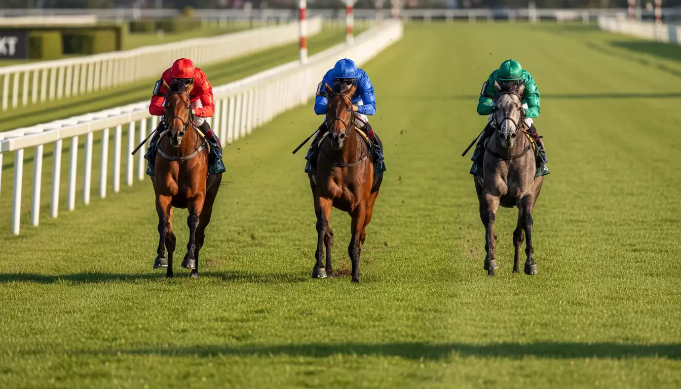 Drei Rennpferde im Galopp kurz vor der Ziellinie auf einer Galopprennbahn