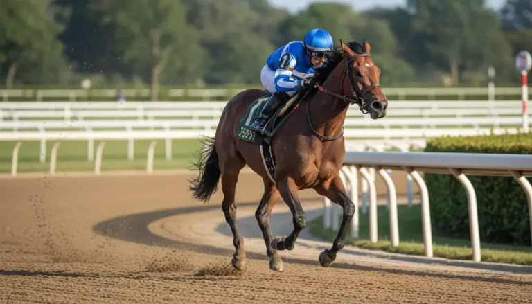 Jockey auf einem Rennpferd in der Zielkurve eines Pferderennens