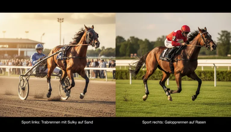 Traber mit Sulky und Galopprennen-Pferd nebeneinander auf einer Rennbahn