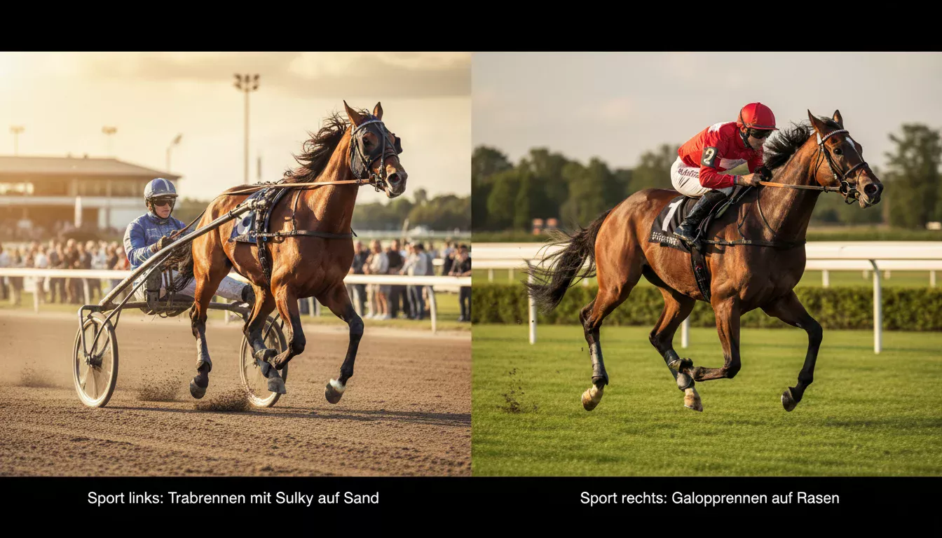 Traber mit Sulky und Galopprennen-Pferd nebeneinander auf einer Rennbahn