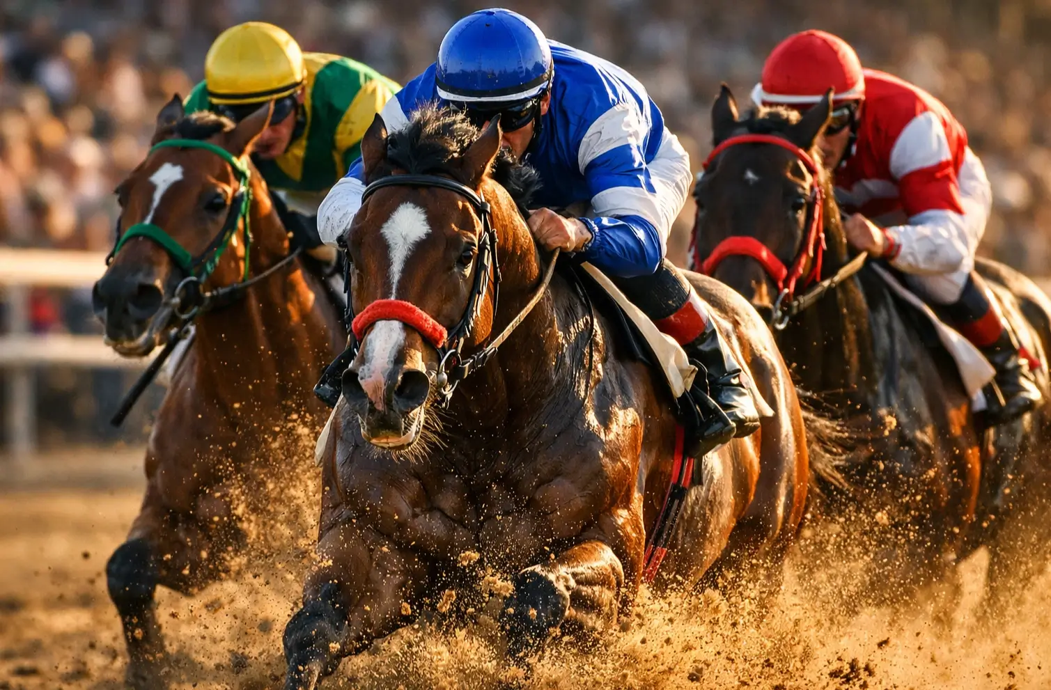 Spannendes Pferderennen auf der Rennbahn mit Jockeys im Zieleinlauf