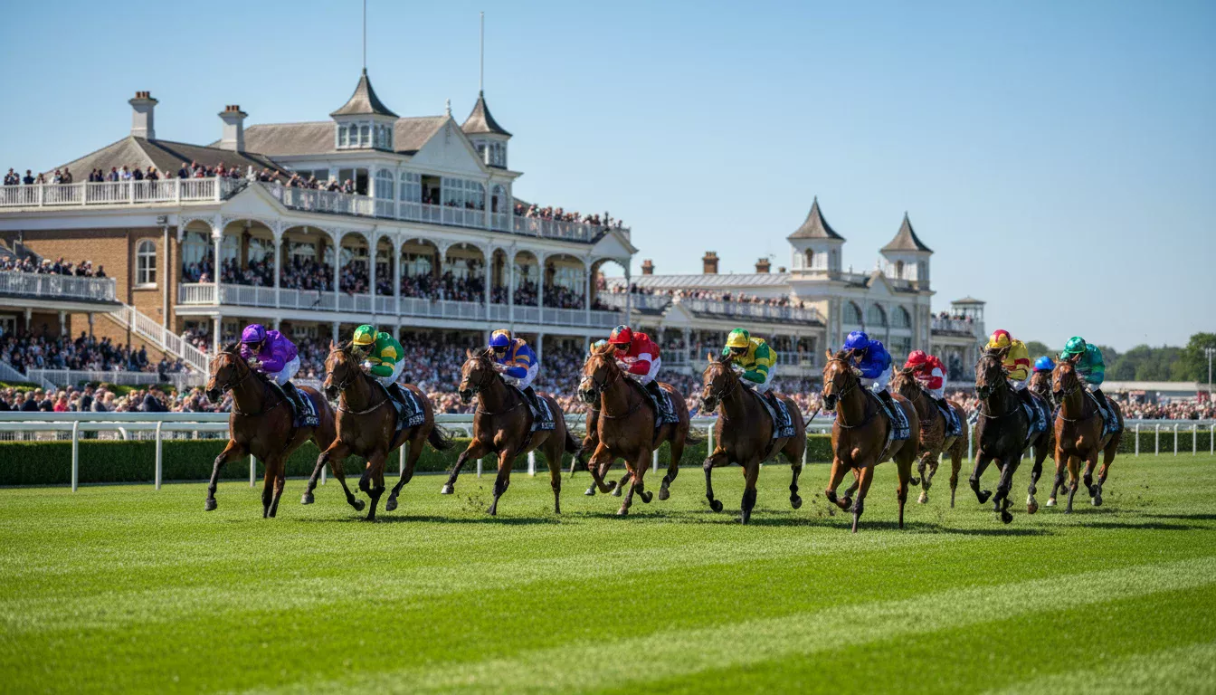Elegante Galopprennbahn Royal Ascot mit Pferdefeld auf der Zielgeraden bei strahlendem Sonnenschein