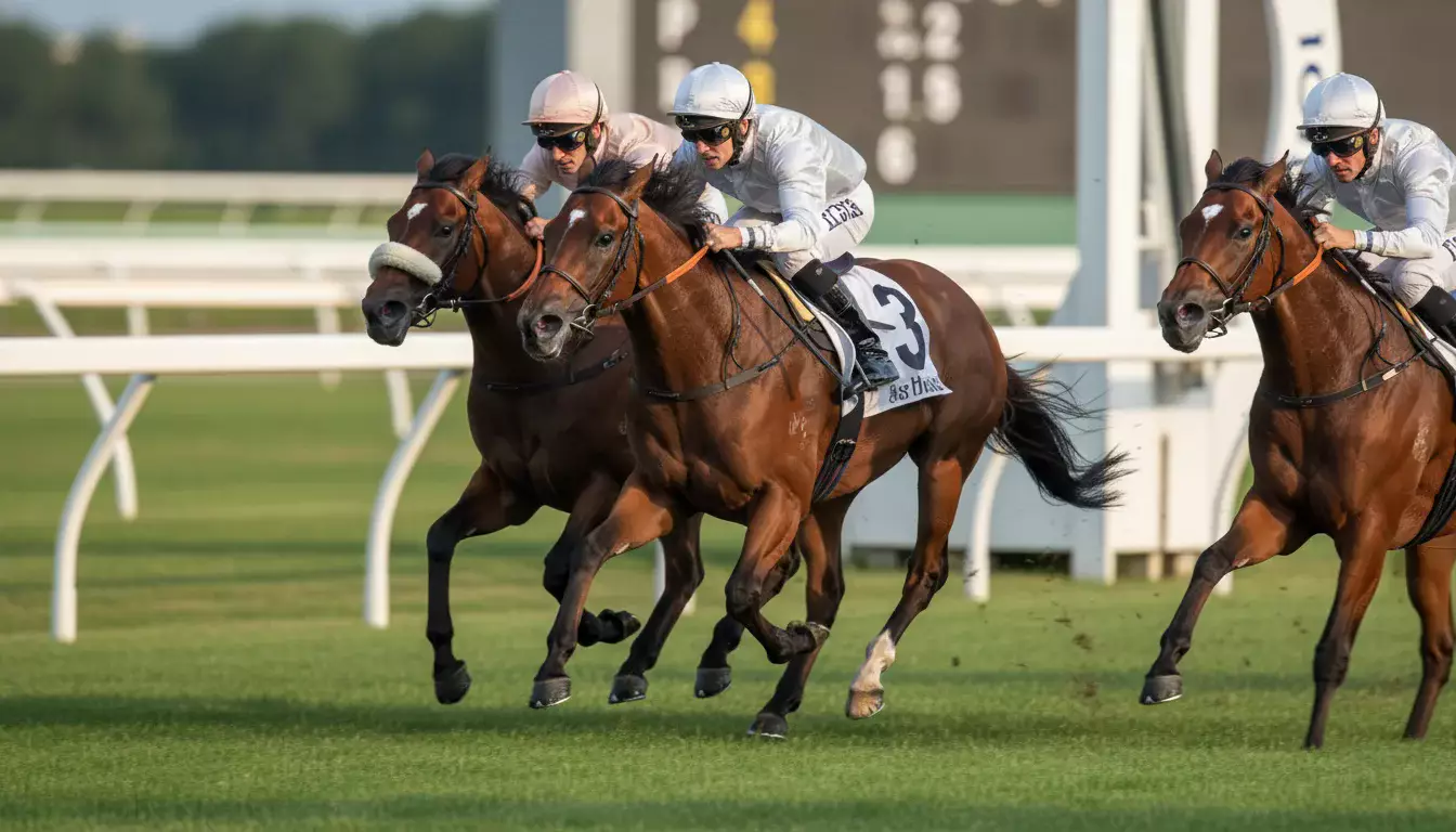 Rennpferde im Kampf um die Plätze hinter dem Führenden