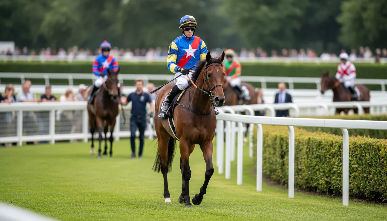 Jockey in bunter Rennseide auf einem Rennpferd vor dem Start