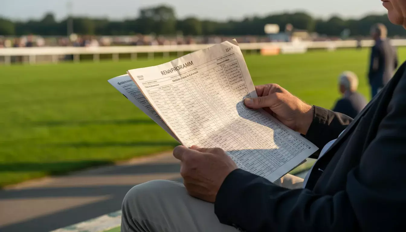Person studiert ein Rennprogramm mit Formtabellen vor einem Pferderennen