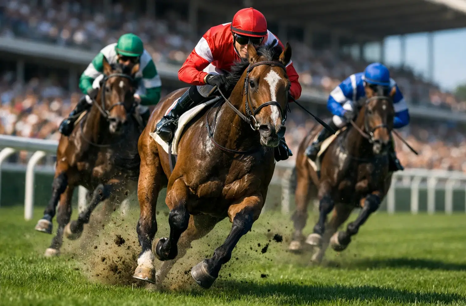 Pferderennen auf der Rennbahn mit Vollblütern im Galopp