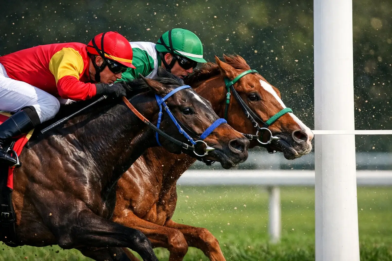 Ziellinie eines Pferderennens mit knappem Einlauf