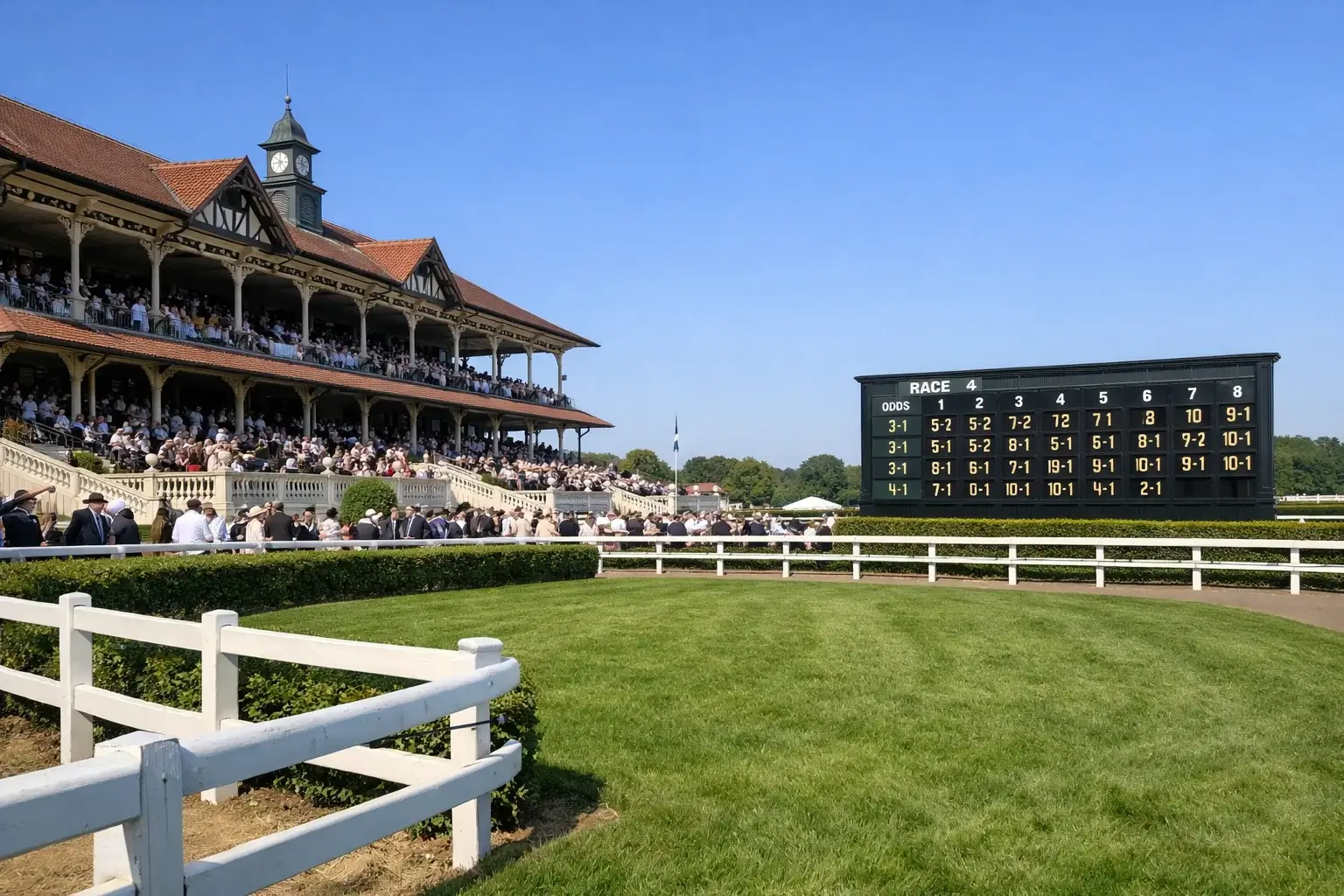 Historische Rennbahn mit Zuschauern und Totalisator-Anzeigetafel