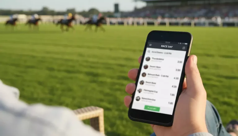 Hand hält ein Smartphone mit einer Wett-App vor einer Galopprennbahn im Hintergrund