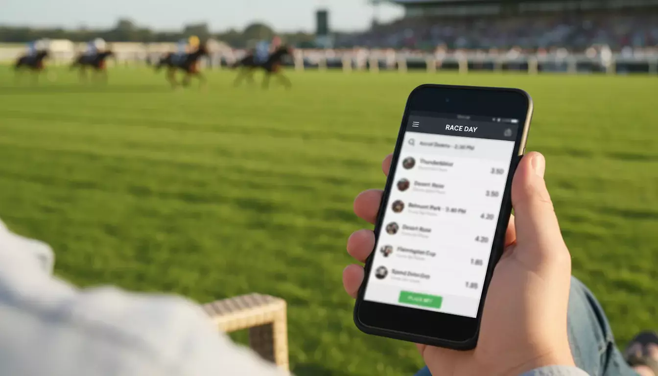 Hand hält ein Smartphone mit einer Wett-App vor einer Galopprennbahn im Hintergrund