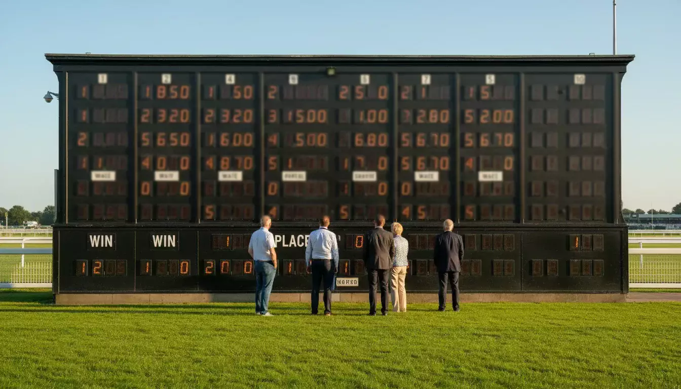 Quotentafel an einer Pferderennbahn mit Zuschauern im Hintergrund