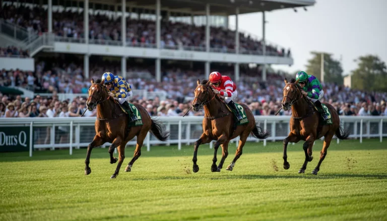 Rennpferde laufen ins Ziel auf einer grünen Galopp-Rennbahn