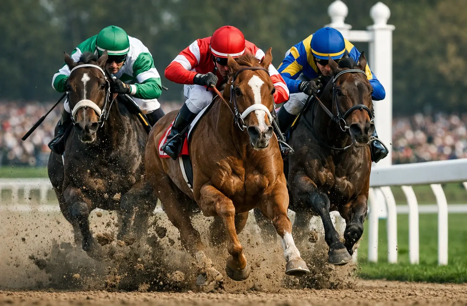 Drei Pferde kämpfen um die Platzierung im Zieleinlauf