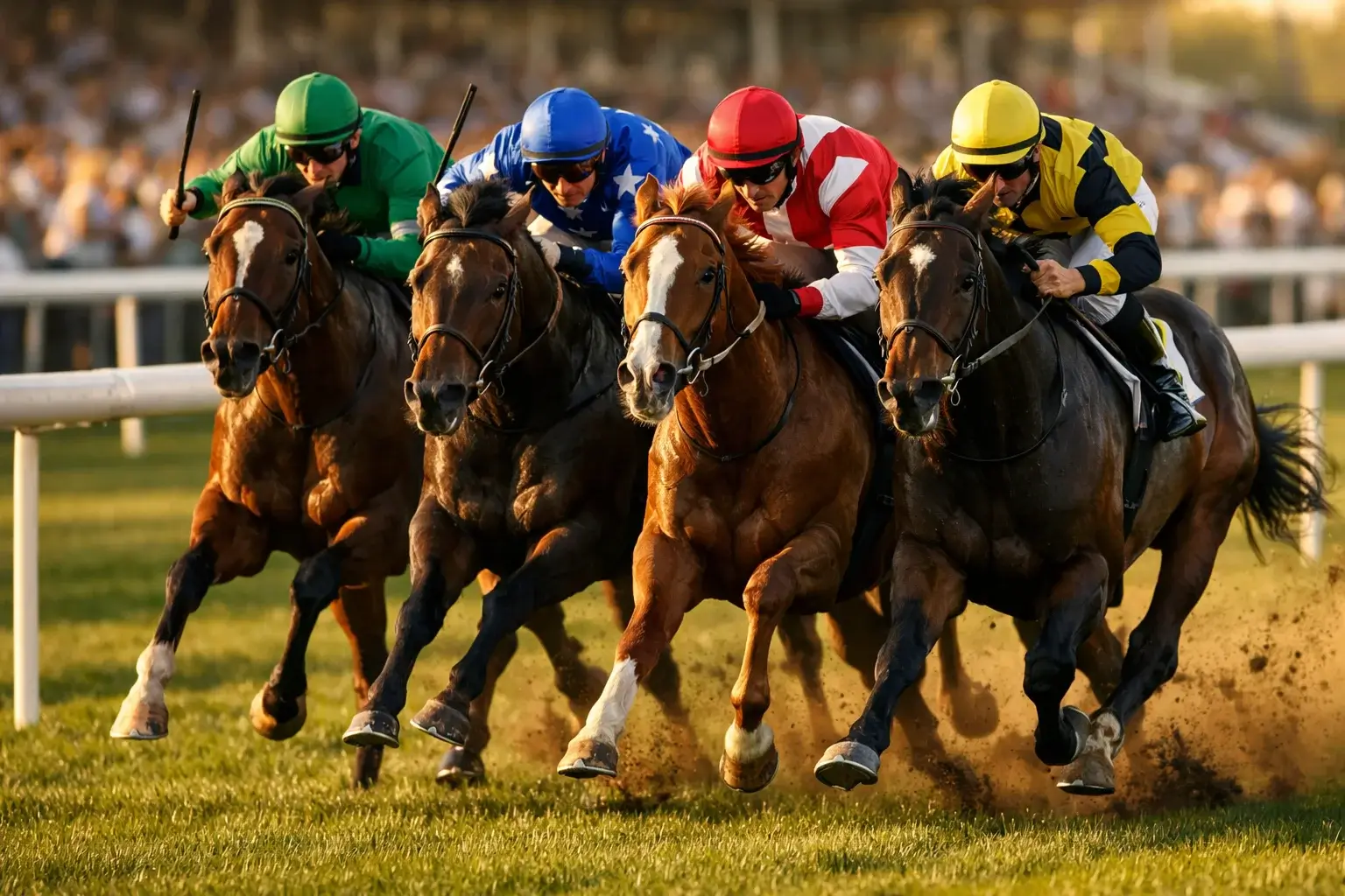 Mehrere Rennpferde im Kampf um die vorderen Plätze auf der Zielgeraden