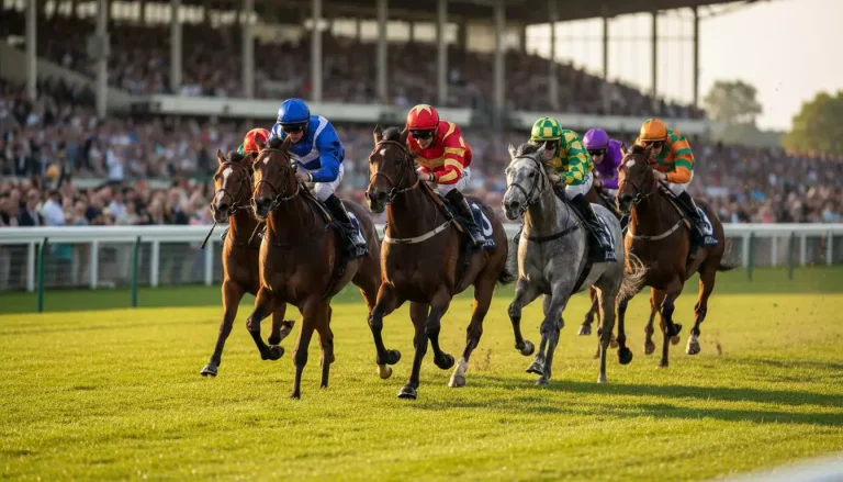 Pferderennen mit mehreren Reitern auf der Zielgeraden