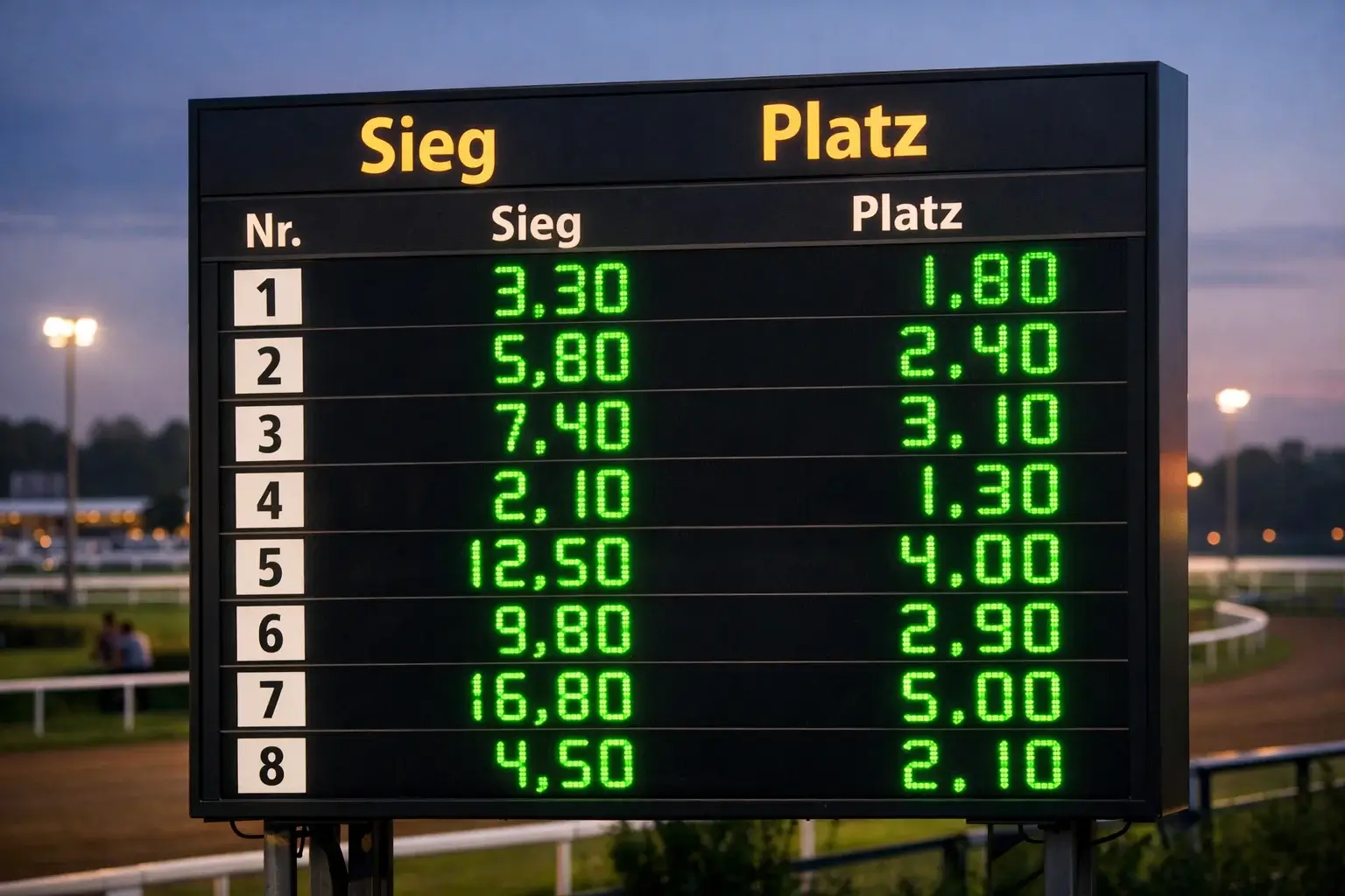 Totalisator-Anzeige mit Platz- und Siegquoten