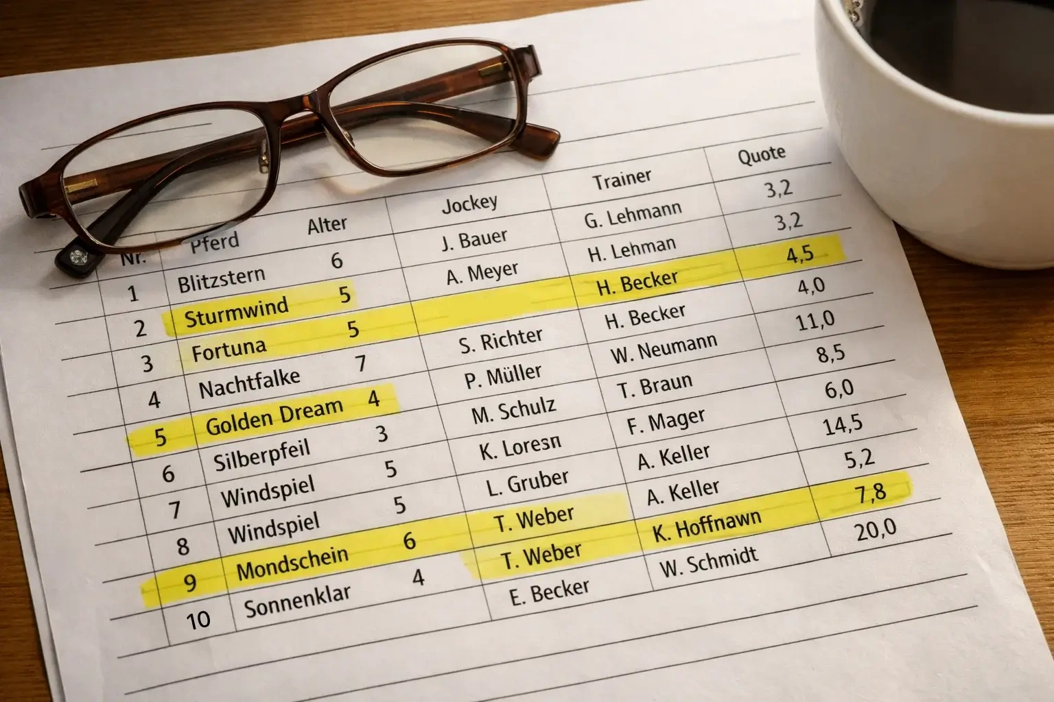 Rennkarte mit Starter- und Jockey-Informationen