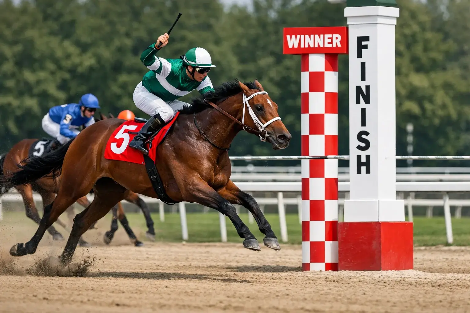Rennpferd überquert als Erstes die Ziellinie bei einem Galopprennen