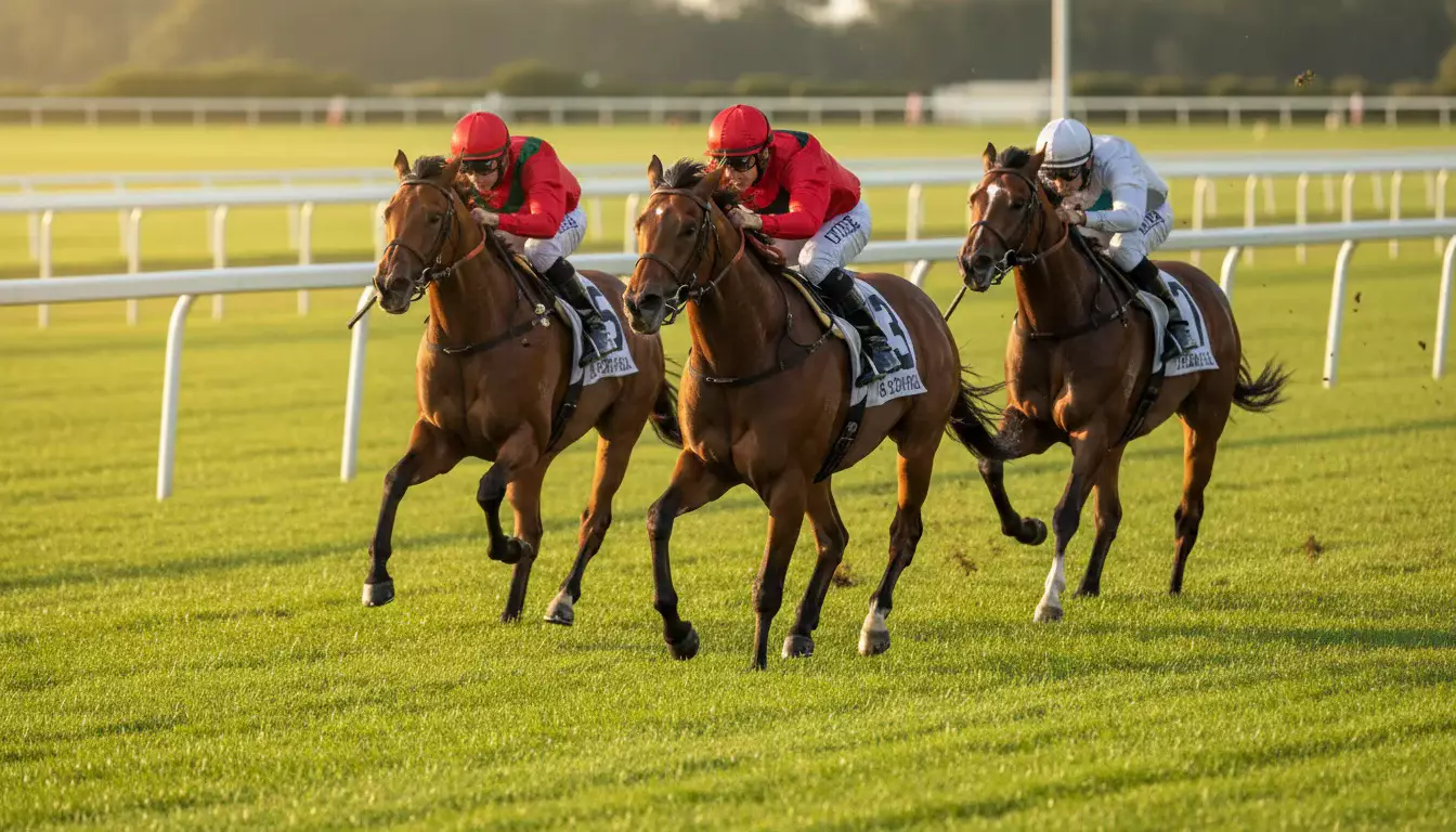 Pferde im Galopp beim Zieleinlauf eines Pferderennens