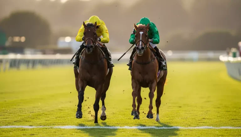 Zwei Rennpferde im engen Duell auf der Zielgeraden