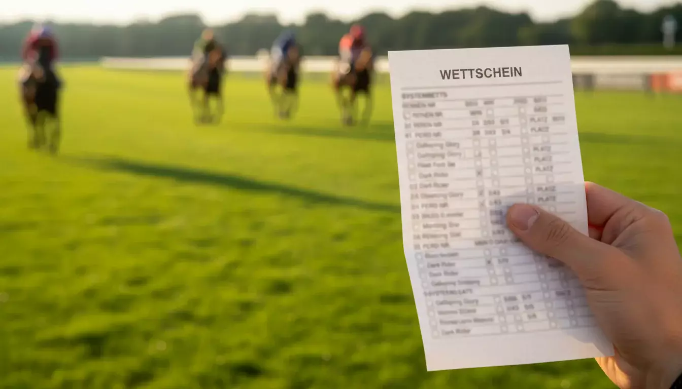 Wettschein mit mehreren Pferderennen-Auswahlen neben einer Galopprennbahn im Hintergrund