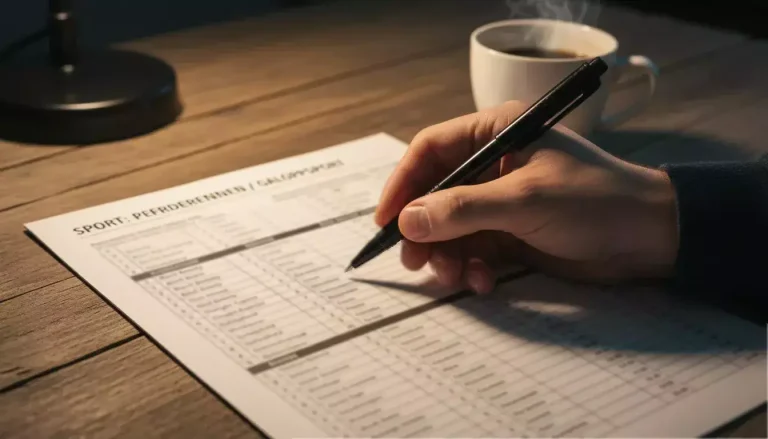 Detailaufnahme eines Rennprogramms und Stift bei der Analyse von Pferderennen
