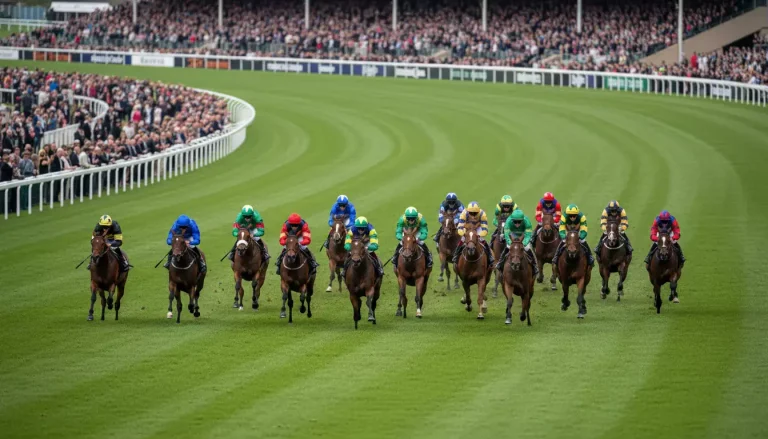 Starterfeld beim Pferderennen aus der Vogelperspektive auf der Rennbahn