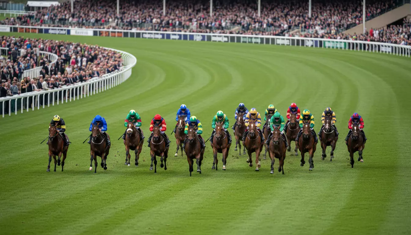 Starterfeld beim Pferderennen aus der Vogelperspektive auf der Rennbahn