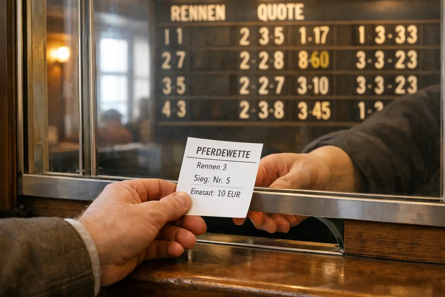 Wettschalter auf der Rennbahn mit Quotentafel und Wettschein