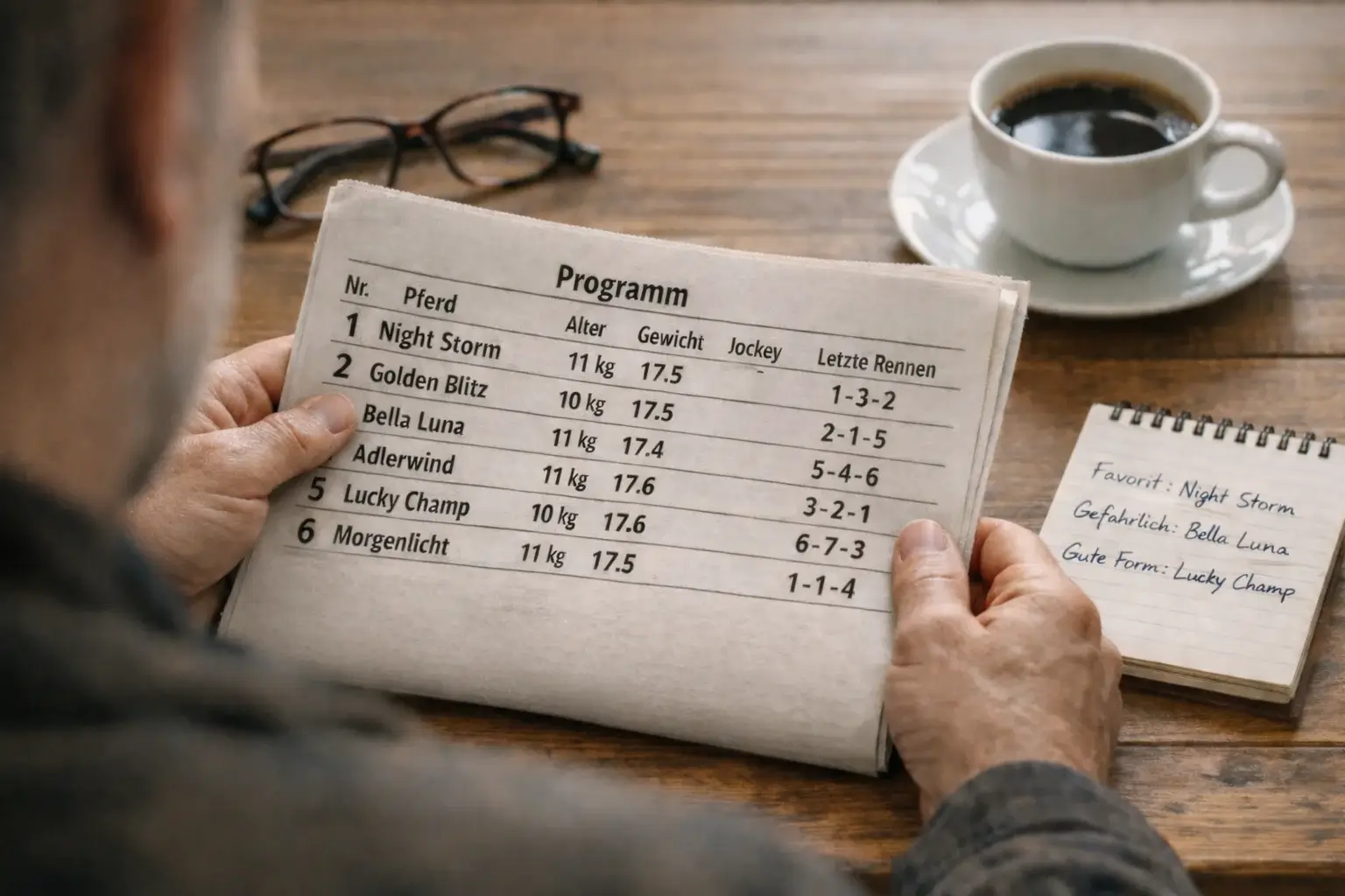 Person analysiert Rennkarte und Pferdestatistiken vor dem Wetten