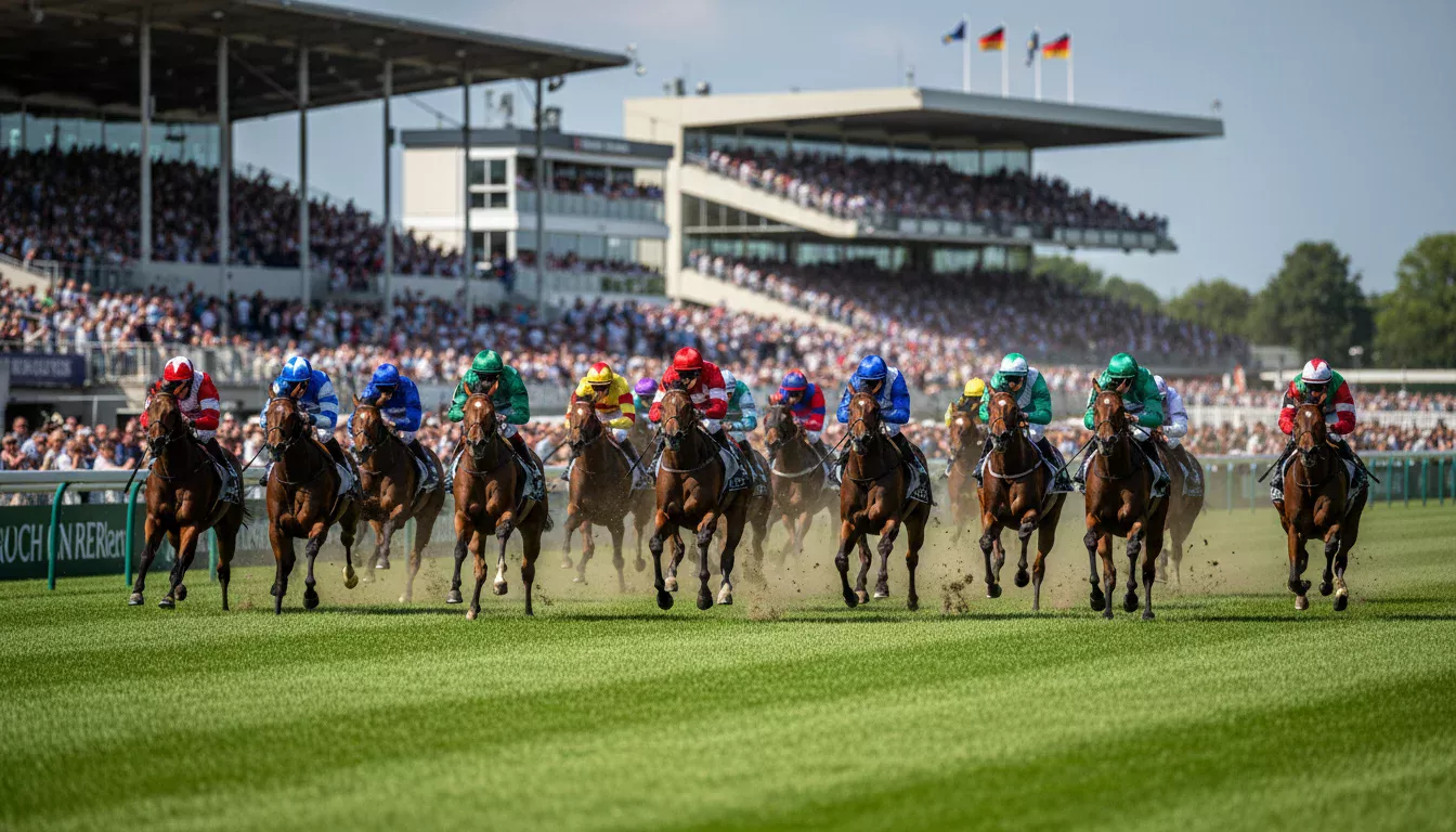Galopprennbahn Hamburg-Horn beim Deutschen Derby mit großem Starterfeld auf grünem Rasen